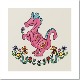 Happy Little Pink Dragon Smelling Flowers Posters and Art